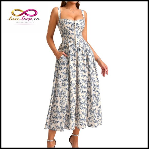 green emerald velvet dress Jane Summers Zoey Blue & White Strapless Midi Bridal Shower & Wedding Guest Dress 2 / Blue Print , Female , Adult main image 0